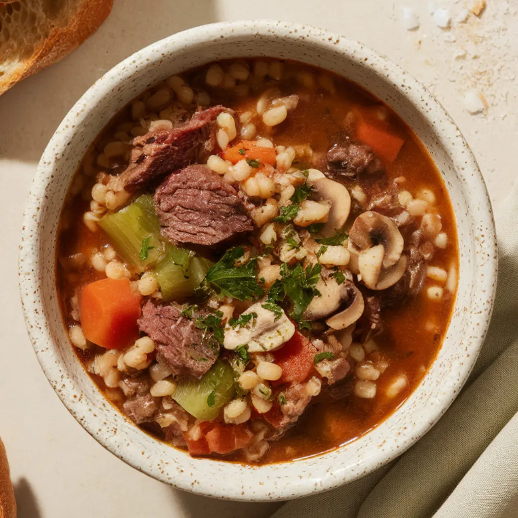 Overhead close-up of a loaded bowl of hearty beef barley soup with tender beef, barley, and vegetables on a light beige counter, garnished with fresh parsley.
