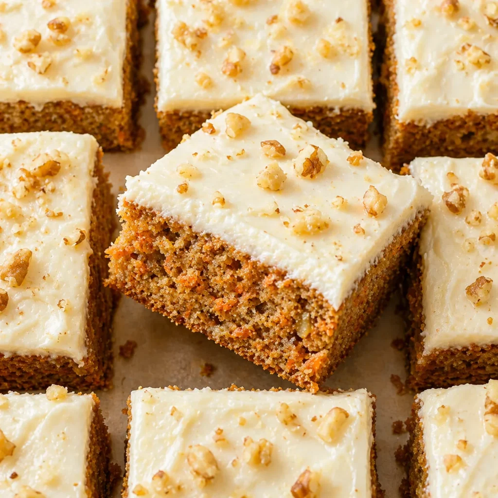 Carrot cake cheesecake bars stacked with creamy layers, walnut topping, and icing drizzle, homemade dessert bars under natural daylight