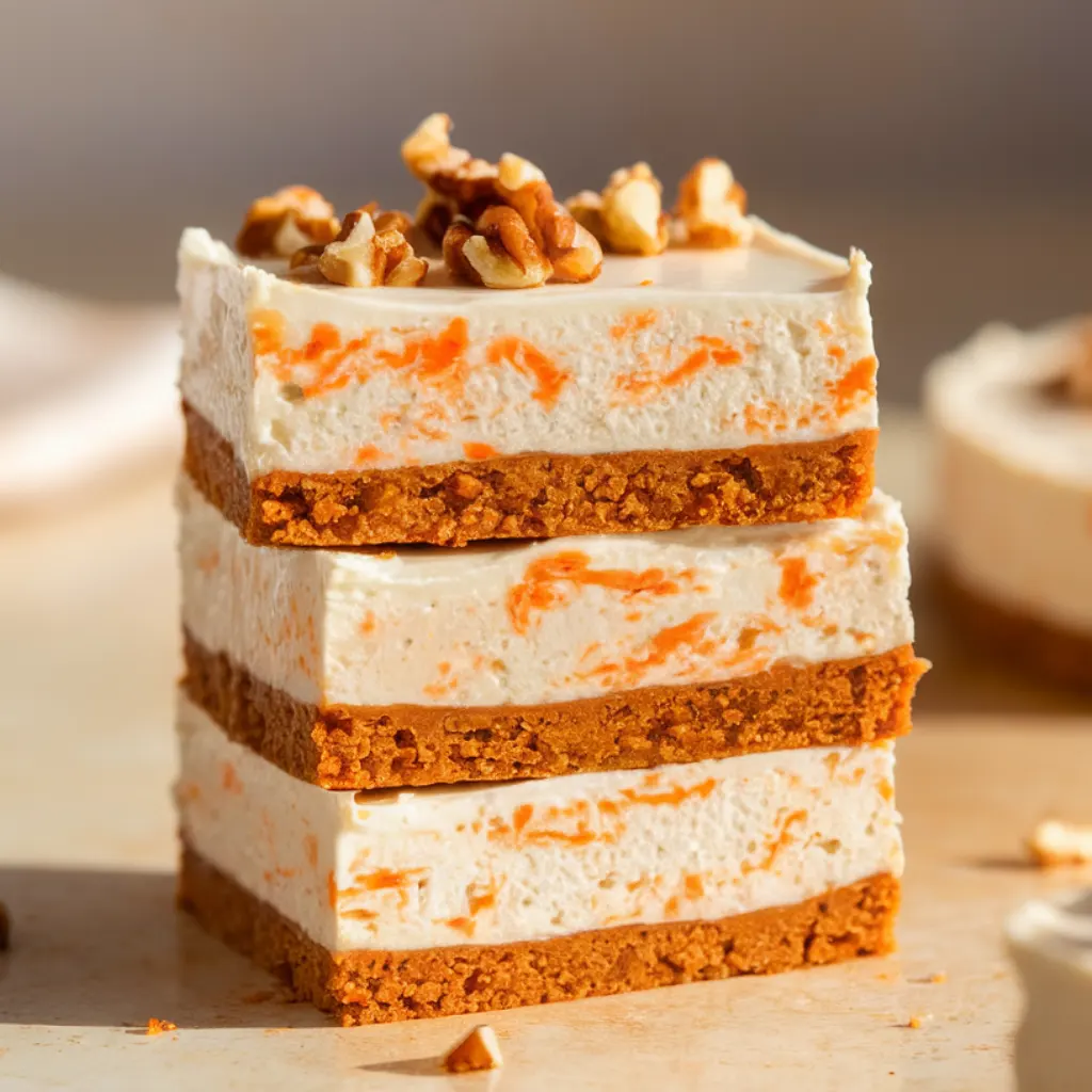 Close-up of stacked carrot cake cheesecake bars with creamy cheesecake layers, walnut topping, and frosting drizzle on a light beige countertop under natural daylight.