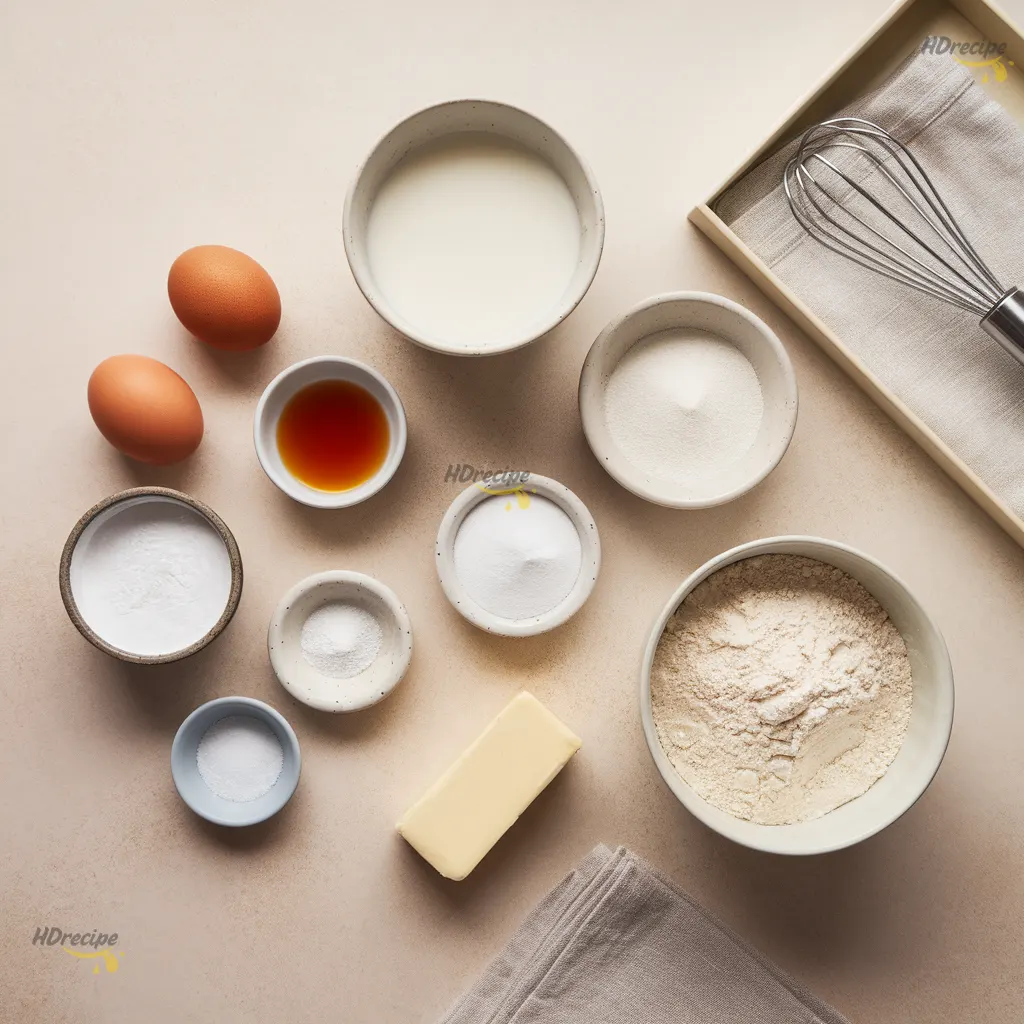 ingredients-flatlay Japanese souffle pancake ingredients on a light beige counter