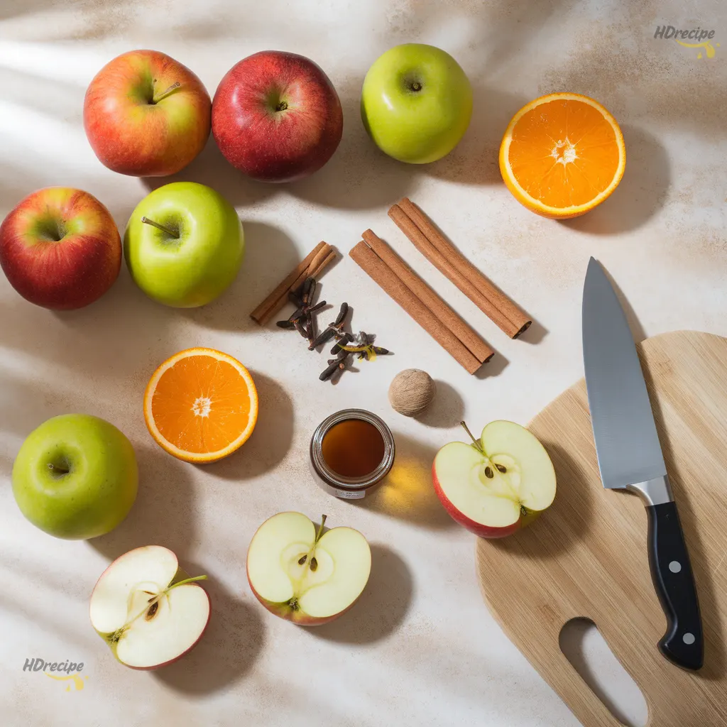 ingredients-spiced-apple-cider Top-down shot of fresh apples, cinnamon sticks, cloves, nutmeg, orange, and maple syrup.