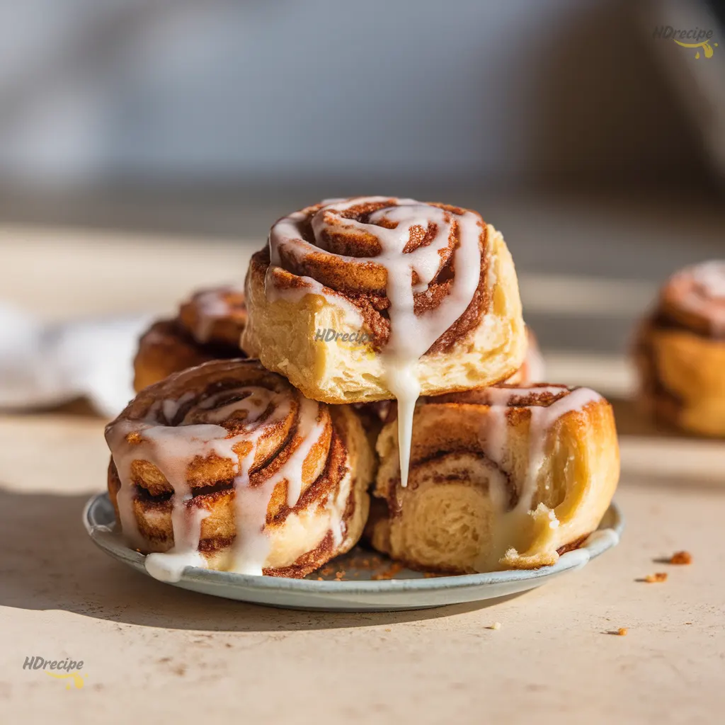 innamon-roll-bites-on-plate-coffee Top-down warm shot of cinnamon roll bites served on a plate beside a cup of coffee, glaze glistening under golden light, cozy breakfast atmosphere.