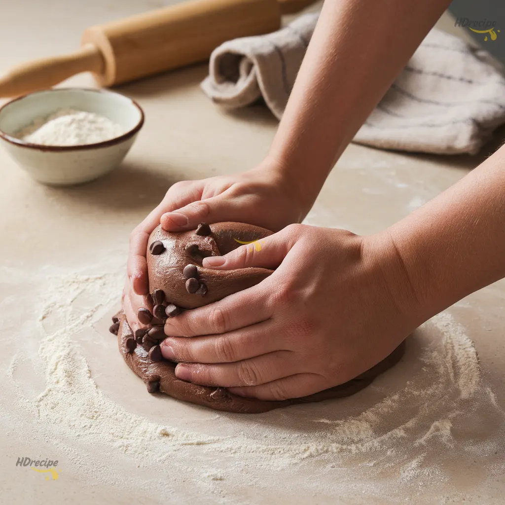 kneading-chocolate-chip-bagel-dough Close-up of hands kneading chocolate bagel dough with chocolate chips.