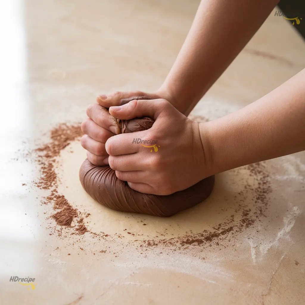 kneading-chocolate-donut-dough-on-counter Hands kneading smooth chocolate yeast dough on a lightly floured beige countertop.