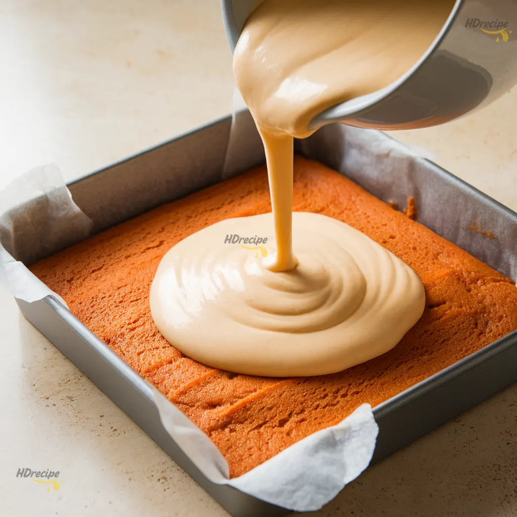 layering-cheesecake-over-carrot-cake-base Spreading cheesecake layer over carrot cake base.