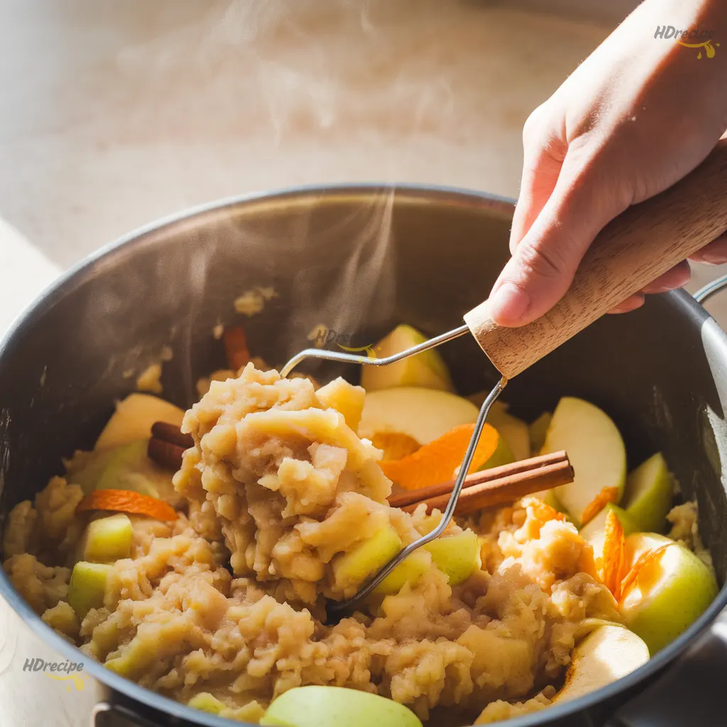 mashing-apples-for-cider Close-up top-down photo of mashing cooked apples and spices in a pot while making homemade spiced apple cider.