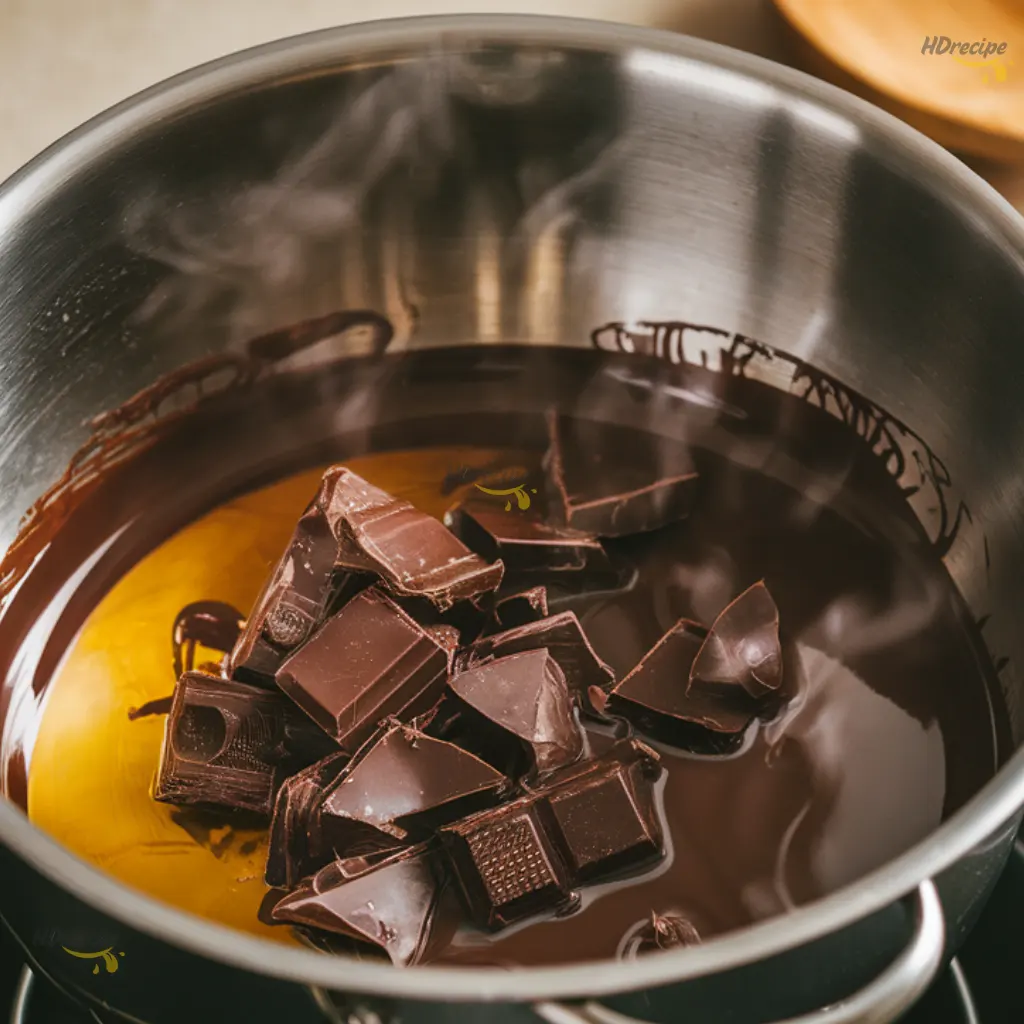 melting-dark-chocolate-vegan-cornflake-cakes Dark chocolate chunks melting in a heatproof bowl with a wooden spoon.
