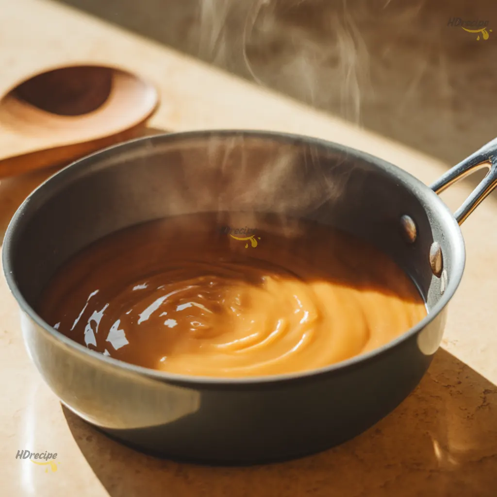 melting-sugar-for-caramel-in-saucepan Golden caramel forming as sugar melts in a saucepan with steam rising.