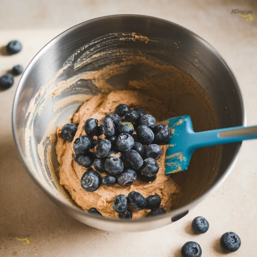 mixing-blueberry-donut-batter Mixing bowl of blueberry donut batter with fresh blueberries being folded in with a spatula, on a light beige counter.