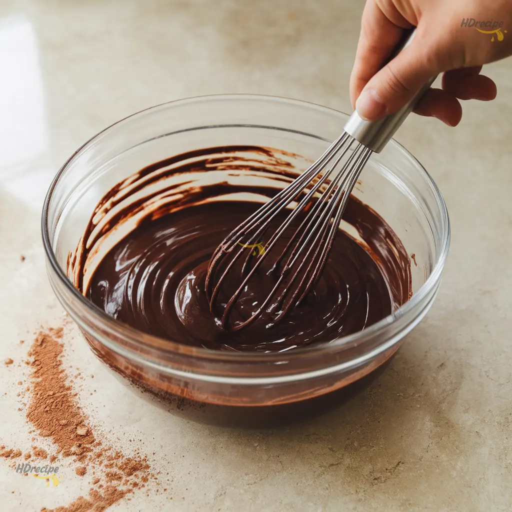 mixing-brownie-batter Whisking glossy chocolate brownie batter in glass bowl.