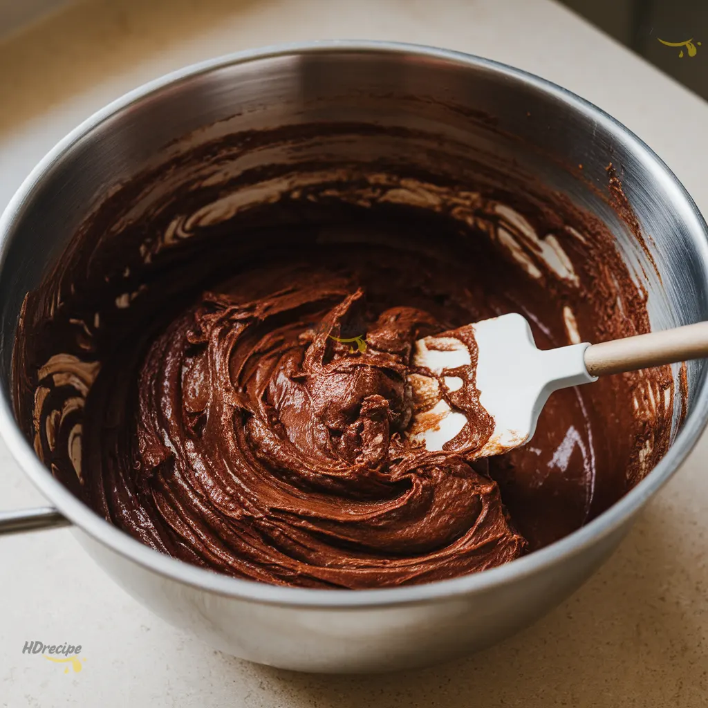mixing-brownie-batter Thick glossy chocolate brownie batter being mixed with a spatula in a large bowl on a beige kitchen counter.
