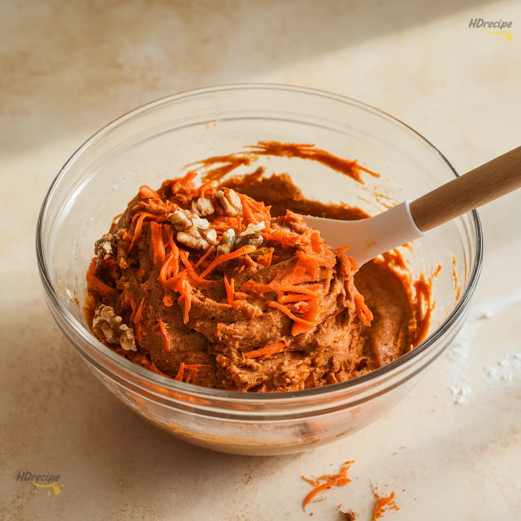 mixing-carrot-cake-batter-gluten-free-cheesecake-bars Mixing gluten free carrot cake batter with shredded carrots.