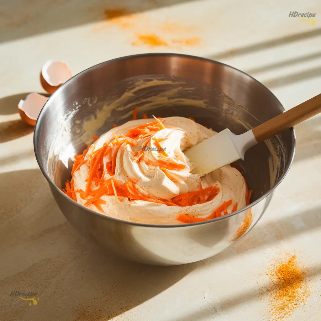 mixing-cheesecake-filling-carrot-cake-bars Creamy cheesecake filling with visible shredded carrots and cinnamon specks being folded with a spatula in a glass bowl on a beige countertop.
