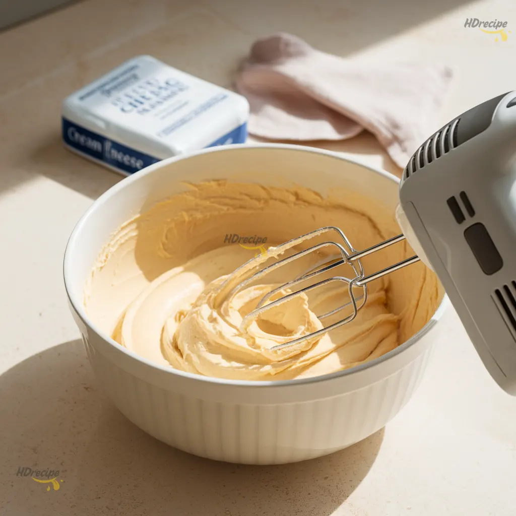 mixing-cheesecake-layer Beating smooth cheesecake mixture in white bowl.