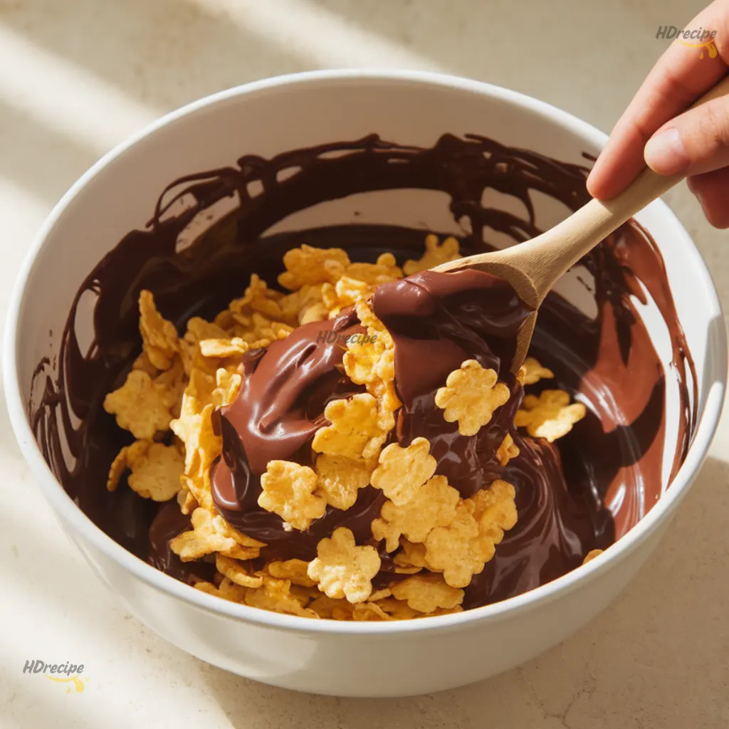 mixing-chocolate-and-cornflakes Close-up of cornflakes being mixed with melted dark chocolate in a white bowl, showing glossy coating and rich texture under daylight.