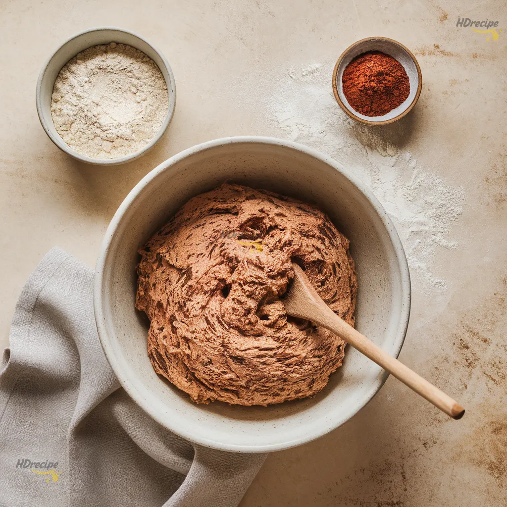 mixing-chocolate-bagel-dough Shaggy chocolate bagel dough being mixed in a ceramic bowl on a beige countertop with cocoa and flour bowls nearby