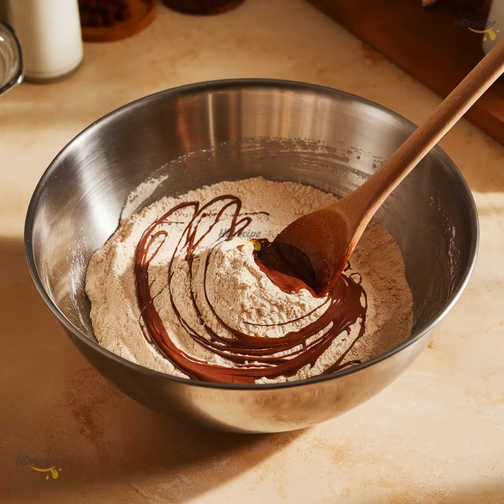 mixing-chocolate-donut-dough-in-bowl Wet and dry ingredients for chocolate yeast donuts being mixed in a bowl, cocoa and melted chocolate visible.