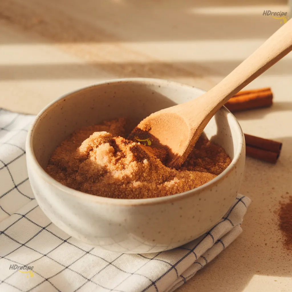 mixing-cinnamon-sugar-bowl Close-up top-down shot of brown sugar and ground cinnamon being mixed with a fork in a small bowl.