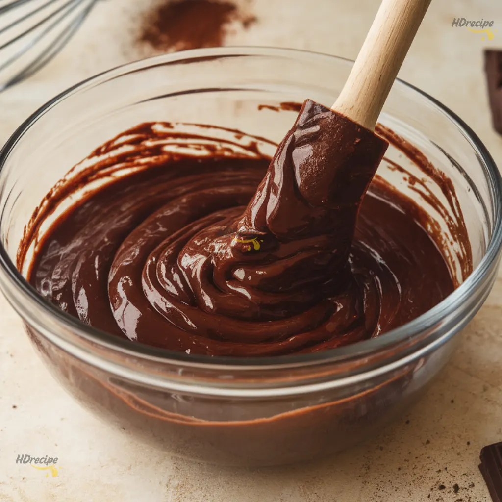 mixing-glossy-brownie-batter-in-bowl Rich chocolate brownie batter being mixed in a glass bowl.