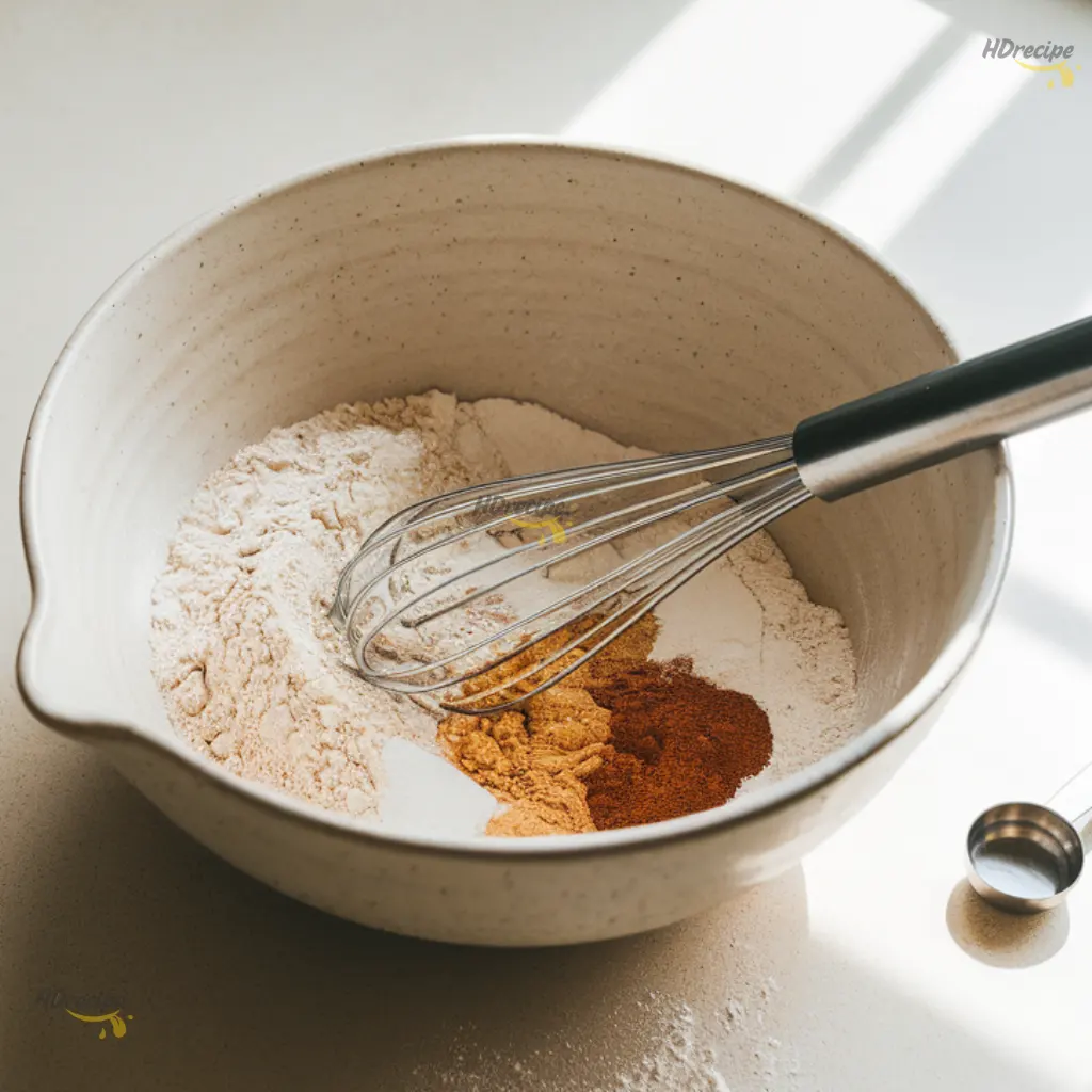mixing-gluten-free-donut-dry-ingredients Whisking gluten-free flour and spices in a bowl.