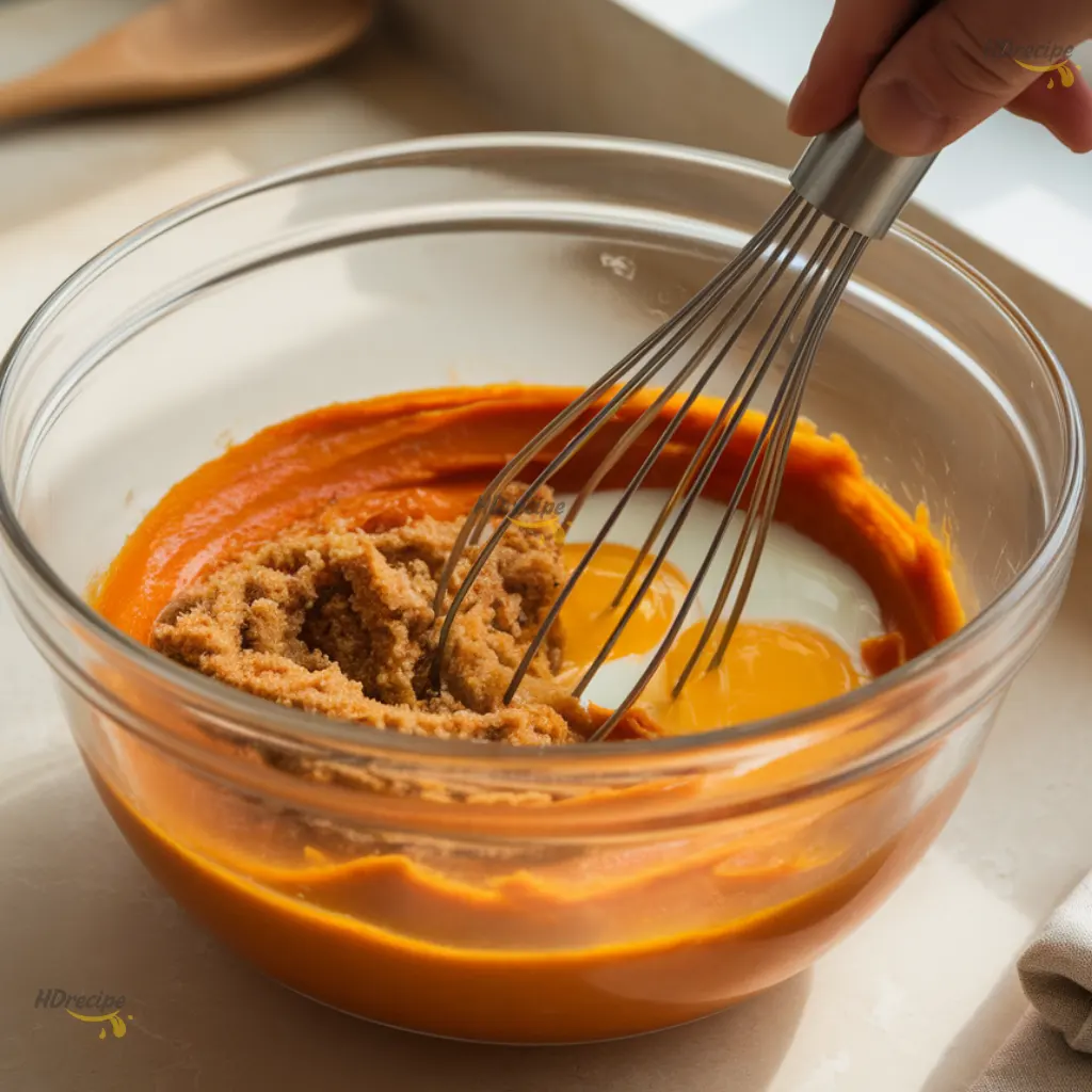 mixing-pumpkin-wet-ingredients Whisking pumpkin puree and wet ingredients in glass bowl.