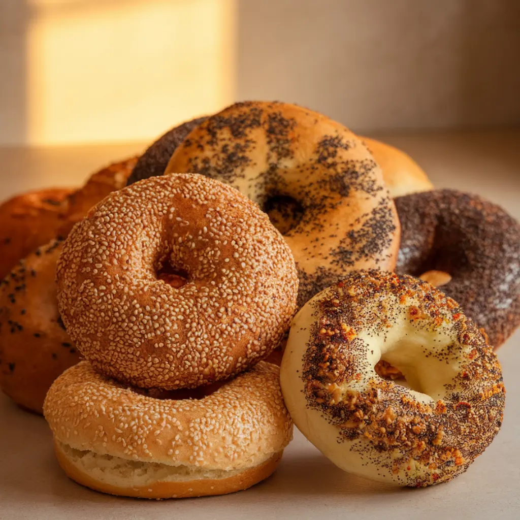 Gluten free bagels with sesame, poppy, everything seasoning, and plain, New York Style Gluten Free Bagel.