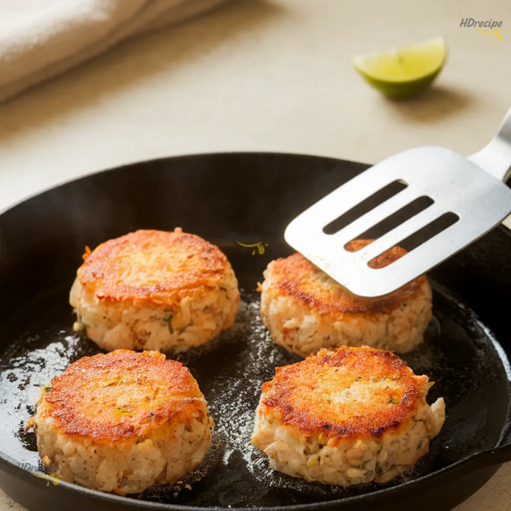 pan-frying-thai-crab-cakes Thai crab cakes sizzling in a skillet over medium heat, golden crust