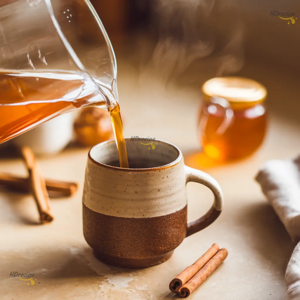 pouring-apple-cider-into-mug Warm amber spiced apple cider being poured from a glass pitcher into a rustic ceramic mug with cinnamon sticks.