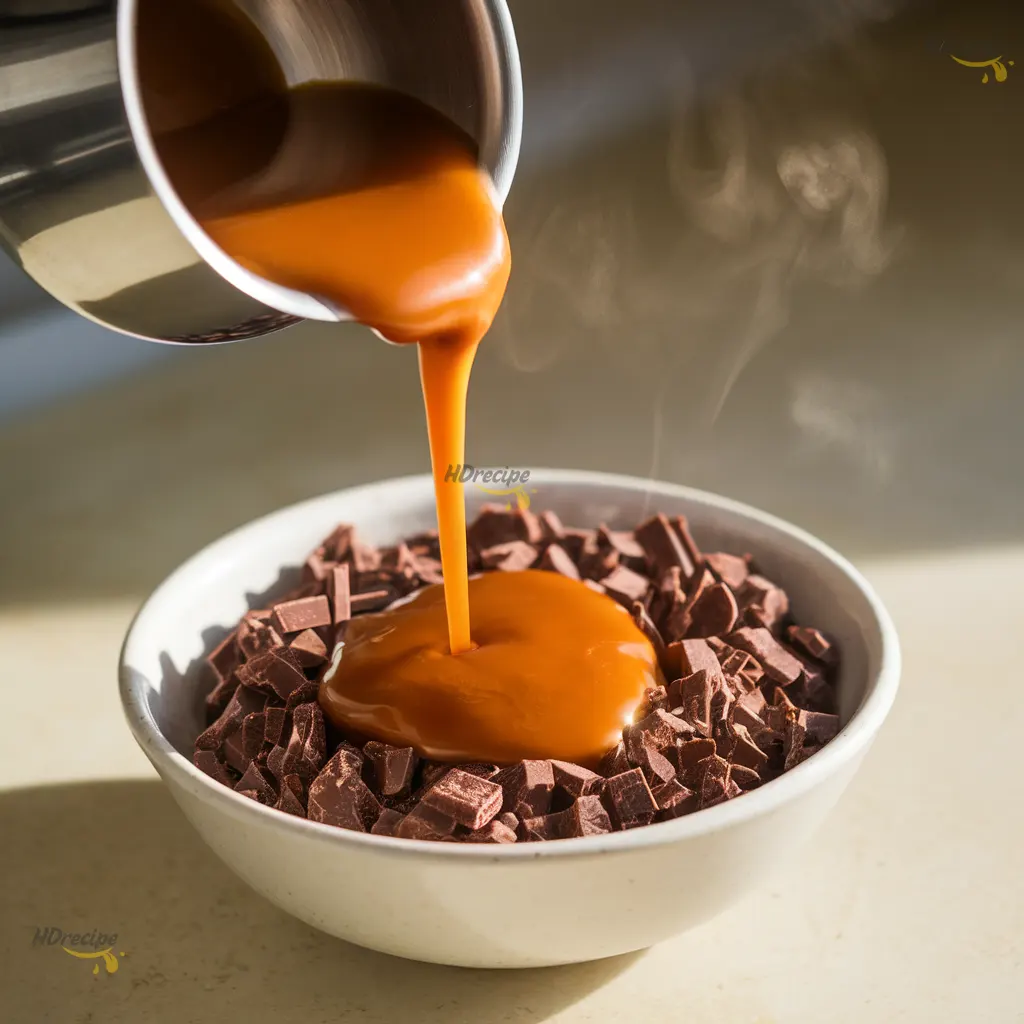 pouring-caramel-over-chocolate Caramel sauce being poured over chopped dark chocolate in a bowl.
