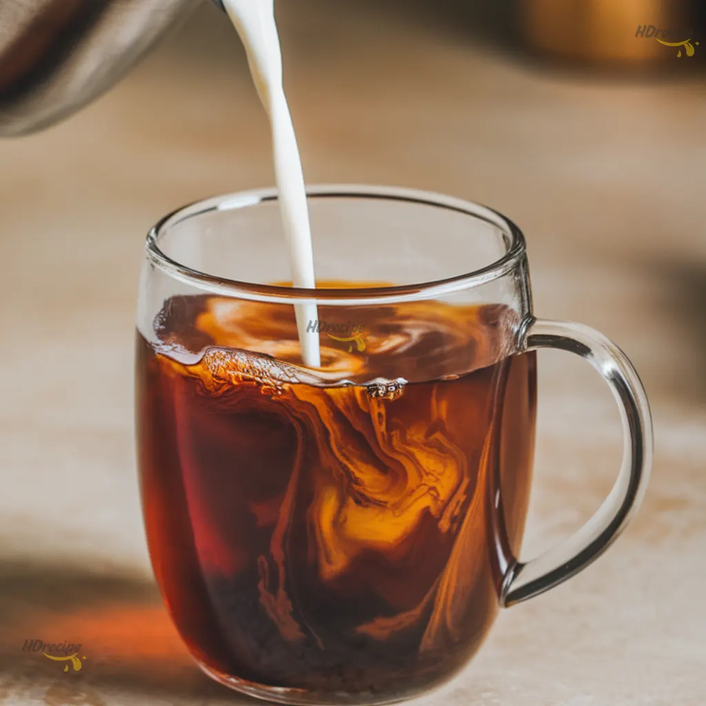 pouring-milk-into-black-tea Frothed warm milk poured into brewed black tea for creamy vanilla cinnamon milk tea