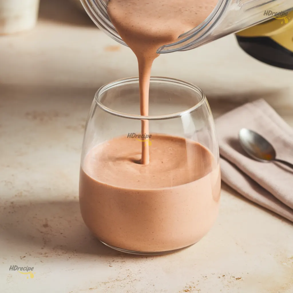 pouring-winter-smoothie-into-glass Pouring creamy winter smoothie into a clear glass jar on a light beige countertop, warm natural lighting and cozy morning feel.