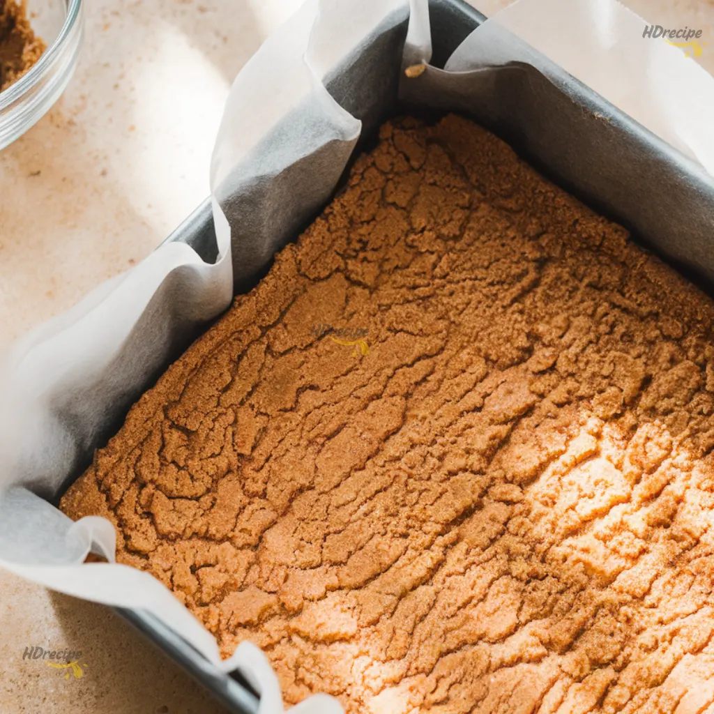 pressing-crust-carrot-cake-cheesecake-bars Close-up of almond flour crust mixture being pressed into a parchment-lined baking pan on a beige countertop, natural daylight highlighting texture.