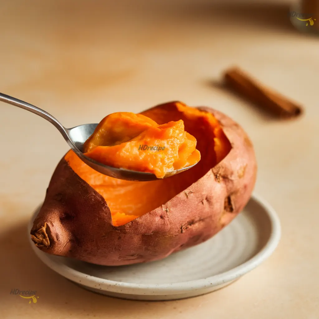 roasted-sweet-potato-for-smoothie Close-up of roasted sweet potato being scooped on a light beige countertop, showing the soft orange texture used for the smoothie.