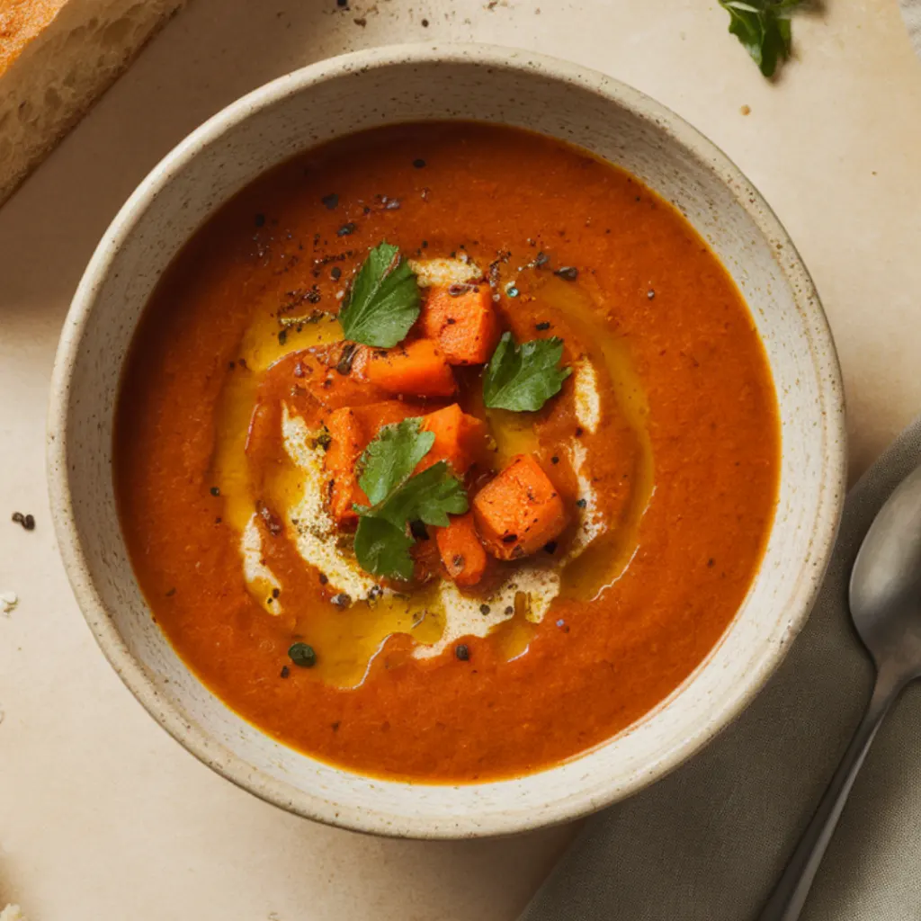 Roasted winter vegetable soup close-up overhead