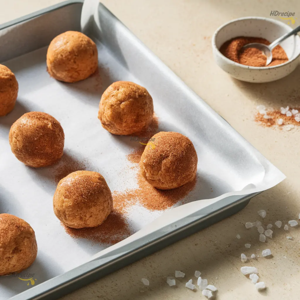rolling-cookie-dough-in-cinnamon-sugar Cookie dough balls rolled in cinnamon sugar.