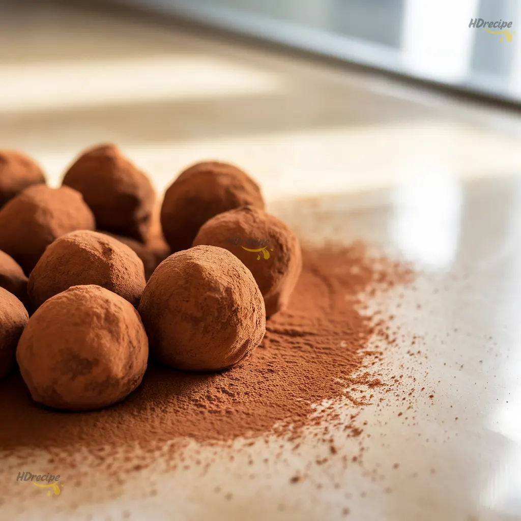 rolling-salted-caramel-truffles Rolling salted caramel truffles in cocoa powder with cocoa dust scattered.
