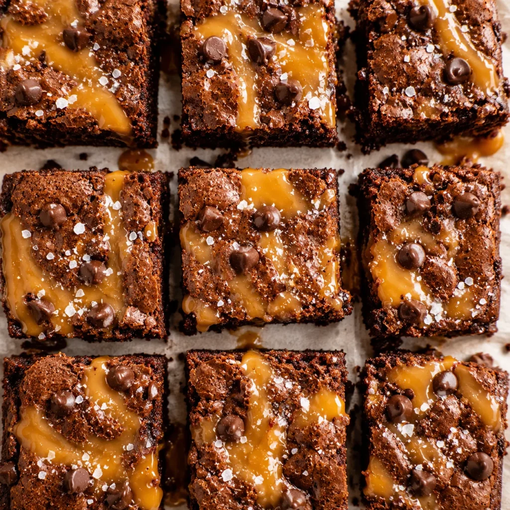 Stack of fudgy salted caramel swirl brownies with gooey caramel drips and flaky sea salt, rich chocolate dessert, indulgent sweet treats, and bakery-style brownies