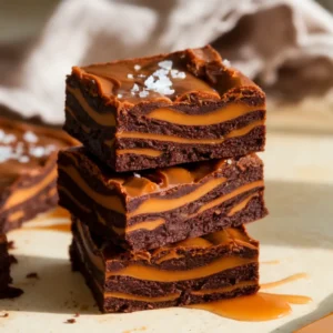 Stack of fudgy salted caramel swirl brownies with gooey caramel drips and flaky sea salt.