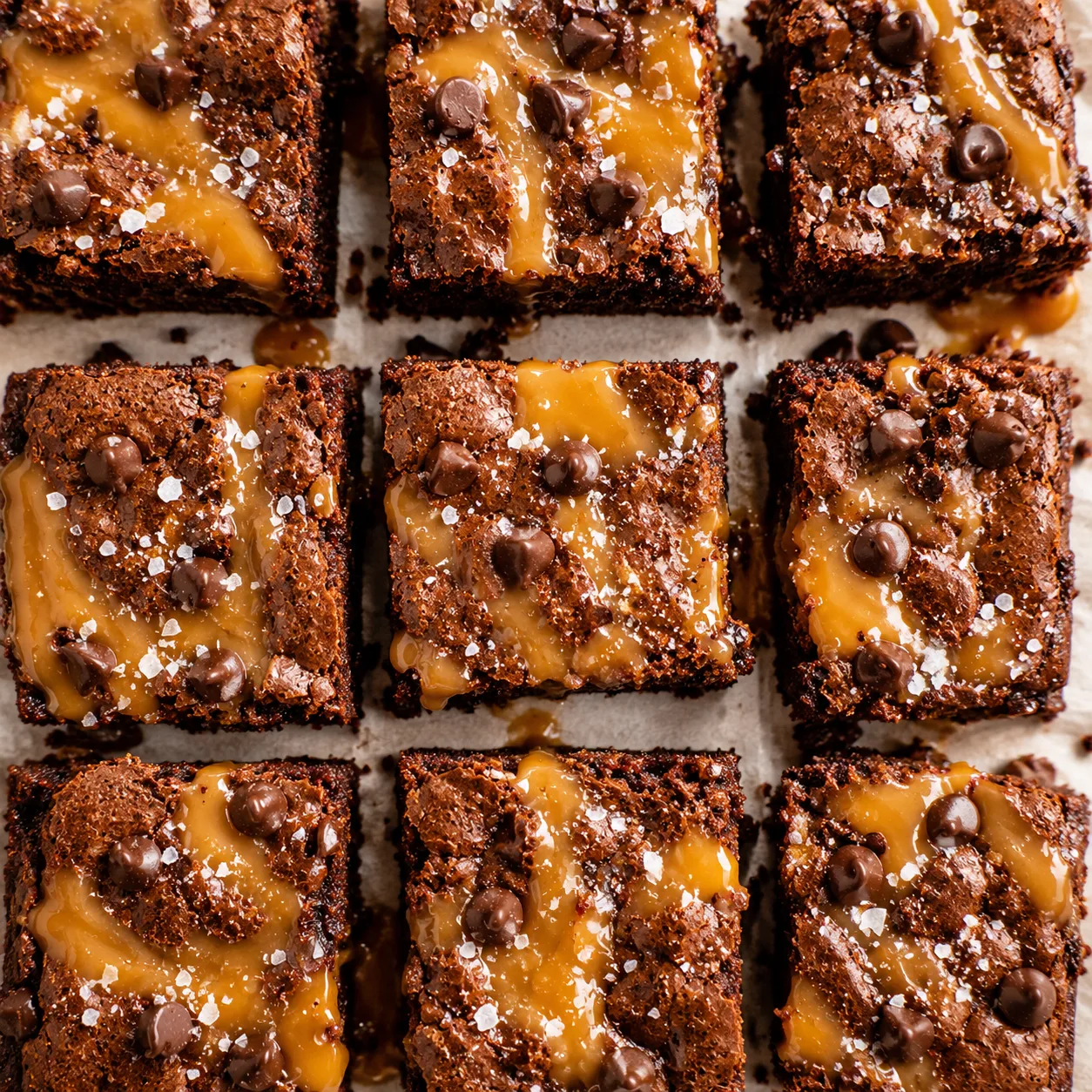 Stack of fudgy salted caramel swirl brownies with gooey caramel drips and flaky sea salt, rich chocolate dessert, indulgent sweet treats, and bakery-style brownies