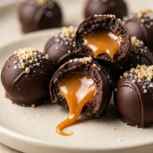 Close-up of assorted salted caramel truffles coated in cocoa powder and glossy dark chocolate with sea salt flake.