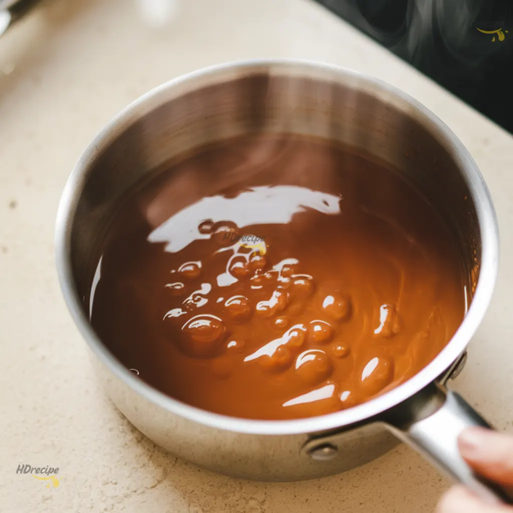 salted-caramel-truffles-caramel-in-pan Amber caramel bubbling in a saucepan as sugar melts and turns golden, with light reflections.