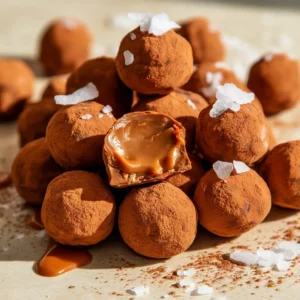 Close-up of a loaded pile of salted caramel truffles dusted with cocoa powder, topped with flaky salt, with one cut open to show gooey caramel