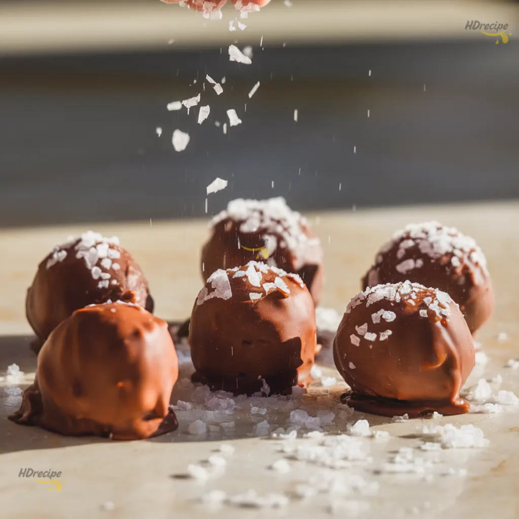 salted-caramel-truffles-decorating-salt Freshly dipped salted caramel truffles on parchment paper as sea salt flakes are sprinkled over them.