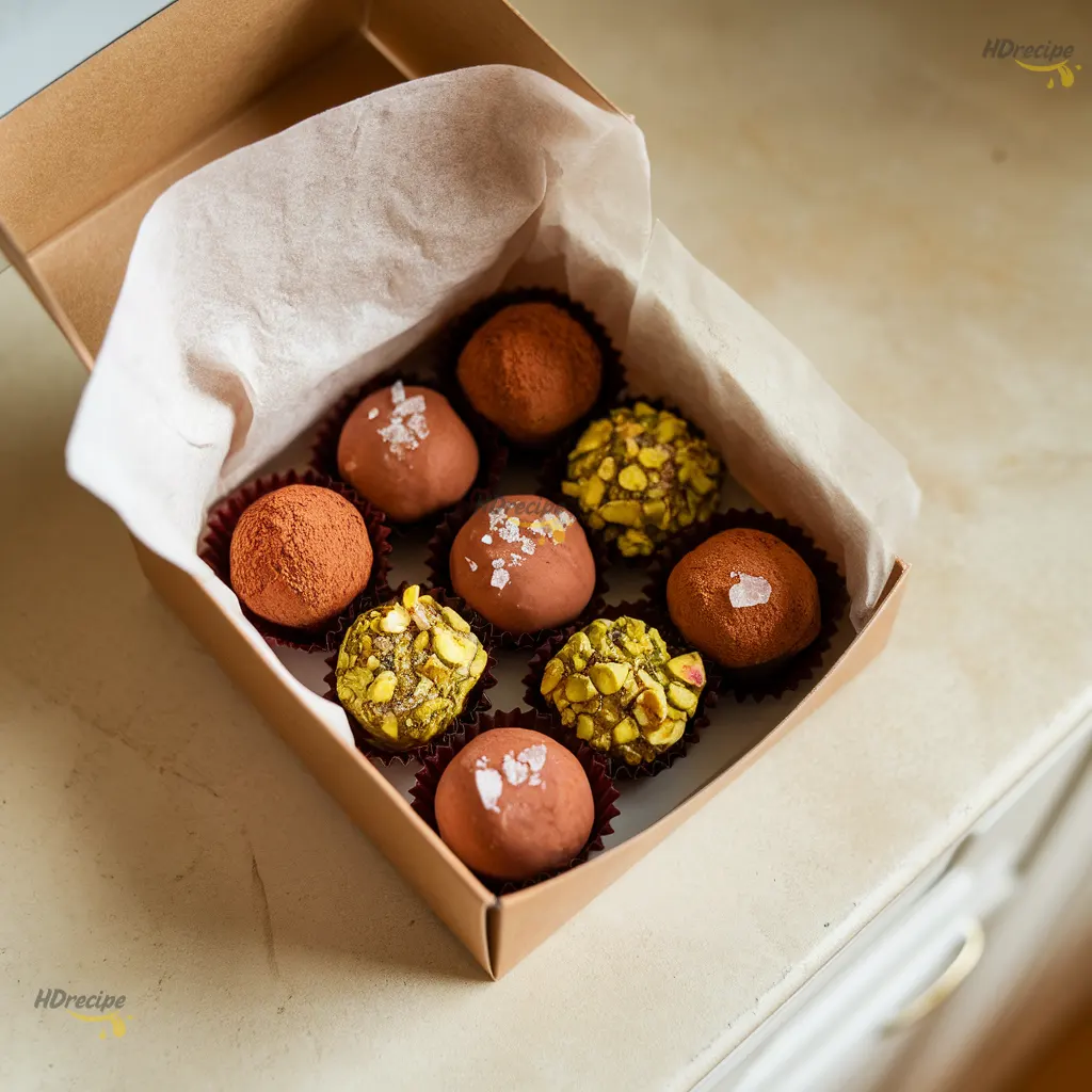 salted-caramel-truffles-gift-box Gift box filled with salted caramel truffles coated in cocoa powder, pistachios, and topped with flaky salt.