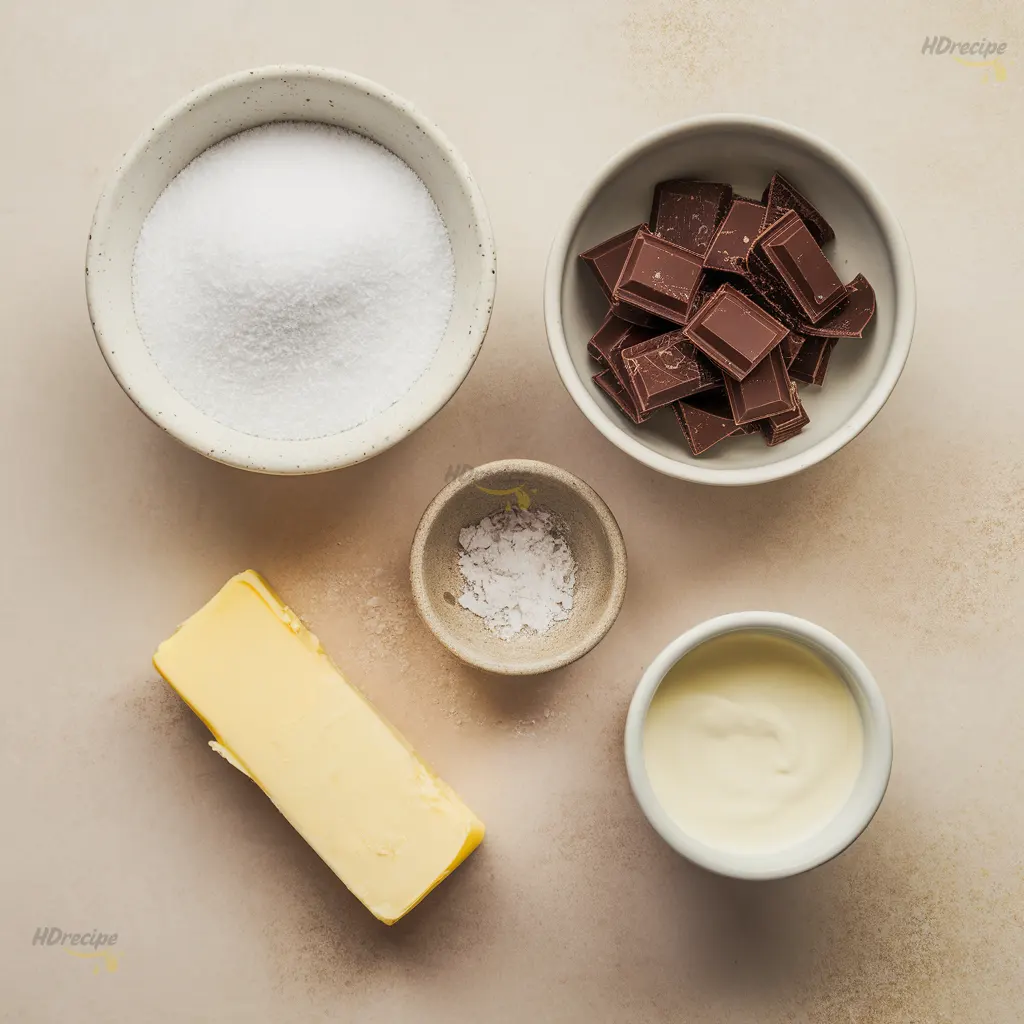 salted-caramel-truffles-ingredients-flatlay Top-down view of ingredients for salted caramel truffles including dark chocolate, sugar, butter, cream, and flaky sea salt.