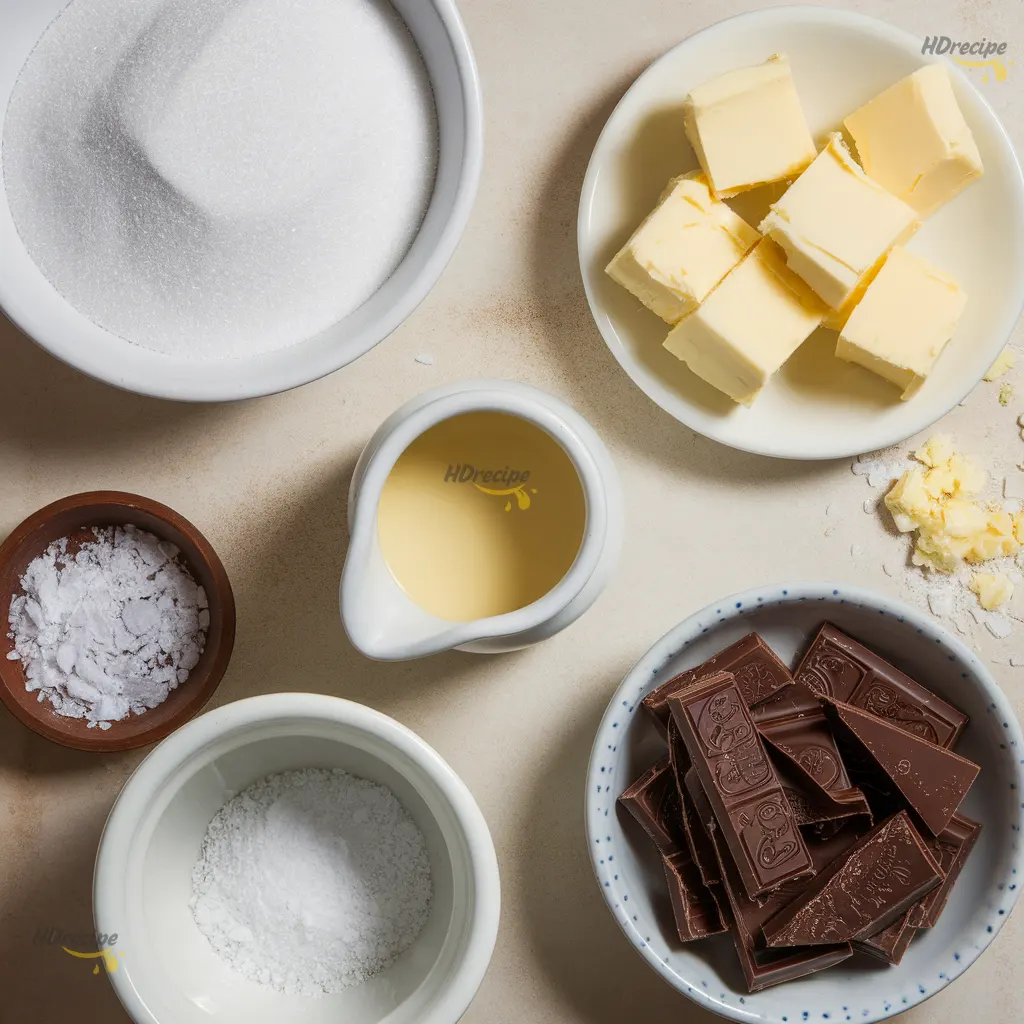 salted-caramel-truffles-ingredients Flat lay of ingredients for salted caramel truffles—sugar, butter cubes, cream, chopped dark chocolate, and flaky salt.