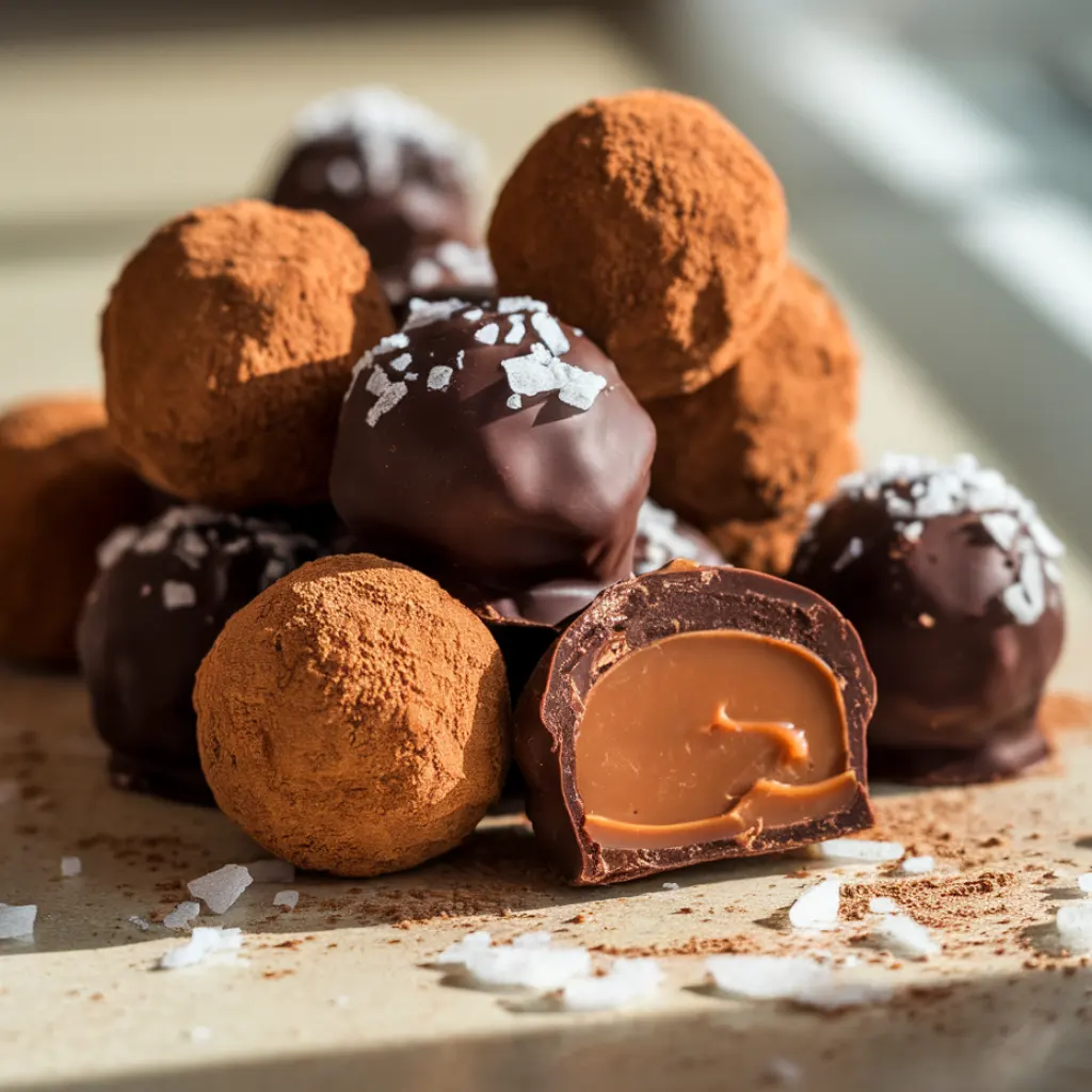 Close-up of assorted salted caramel truffles coated in cocoa powder and glossy dark chocolate with sea salt flake.