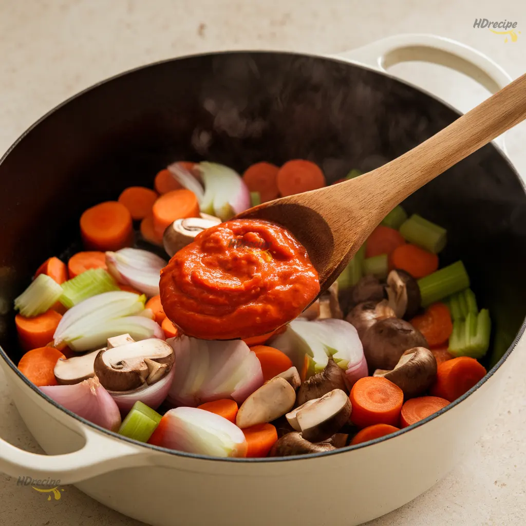 sauteing-onions-garlic-and-vegetables-for-soup Onions, garlic, carrots, celery, and mushrooms sautéing in a pot to build rich flavor for beef barley soup.