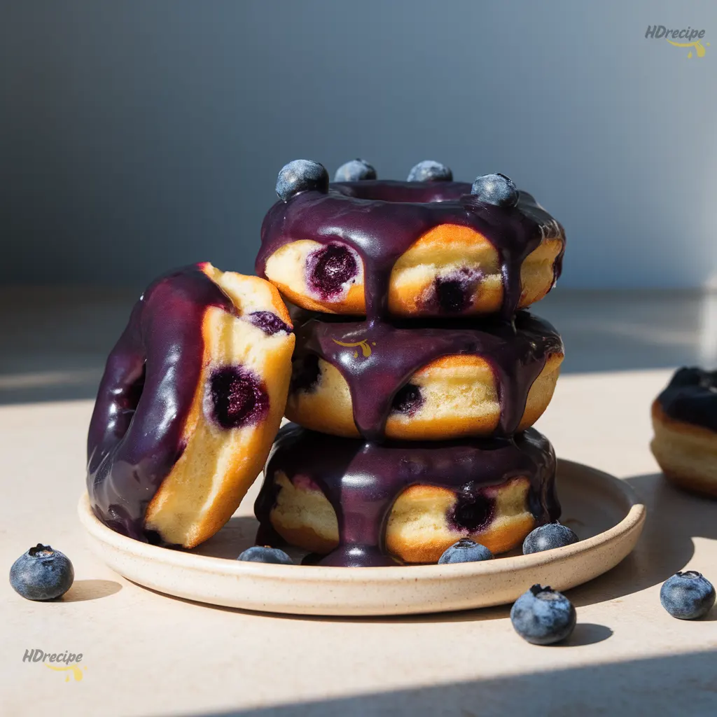 serving-blueberry-glazed-donuts Plate of freshly glazed blueberry donuts stacked high, ready to serve, with glossy purple glaze dripping naturally on a light beige counter.