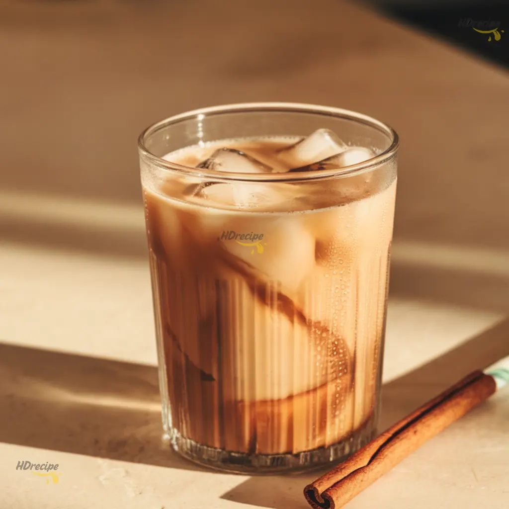 serving-frothy-vanilla-cinnamon-milk-tea Steaming mug of frothy vanilla cinnamon milk tea served on light beige counter